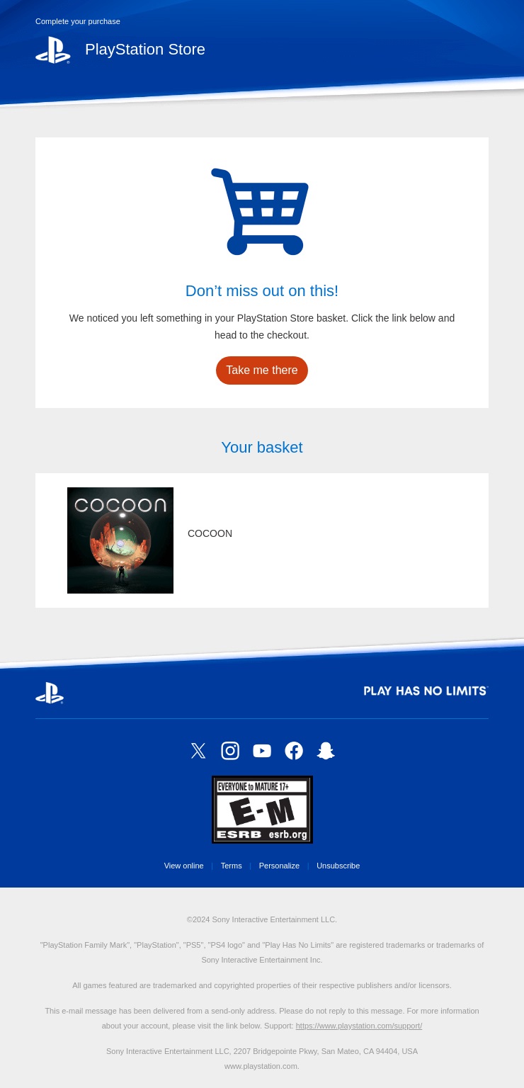 Types of email marketing campaigns: abandoned cart email from playstation