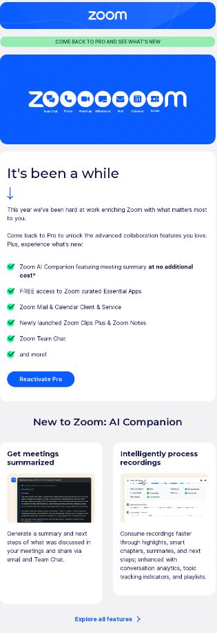 Types of email marketing campaigns: re-engagement email from zoom
