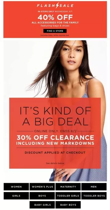 Clearance email example by Old Navy