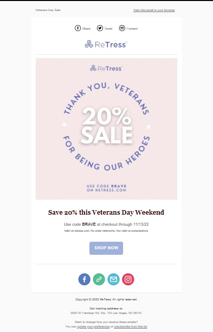 Veterans Day email example by Retress