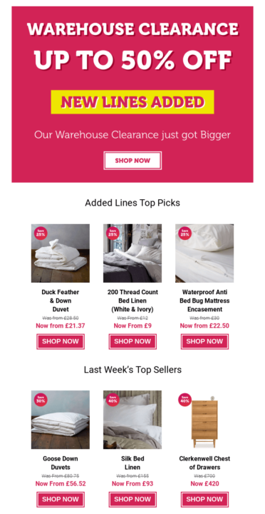 Clearance email example by Soak and Sleep
