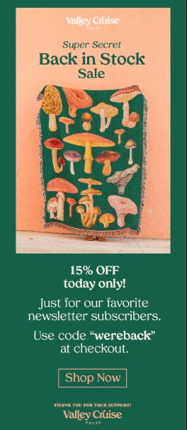back-in-stock email by valley cruise press