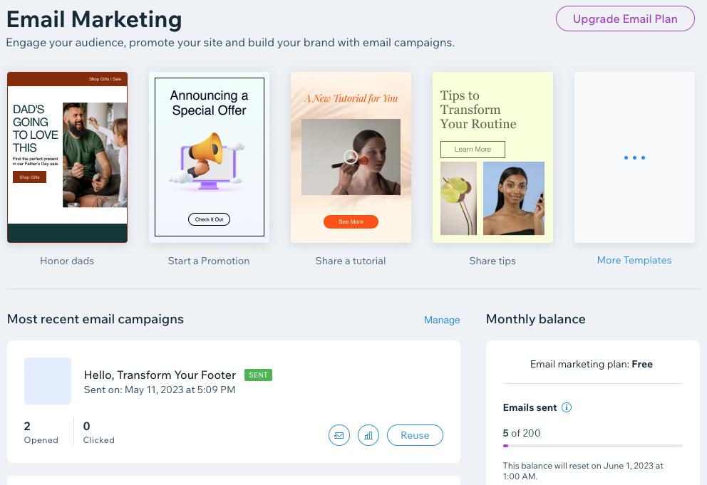 email marketing dashboard on wix