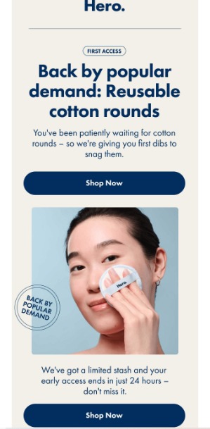 back-in-stock email by hero cosmetics