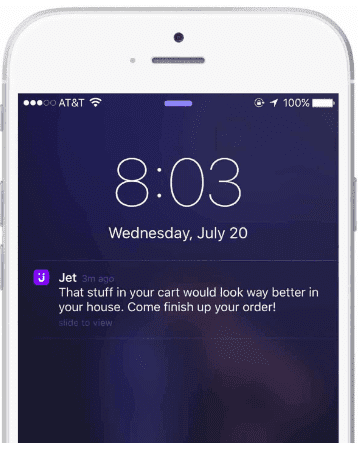 Lighthearted cart abandonment reminder by Jet