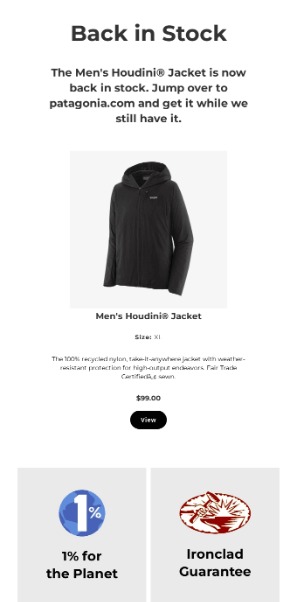 back-in-stock email by patagonia