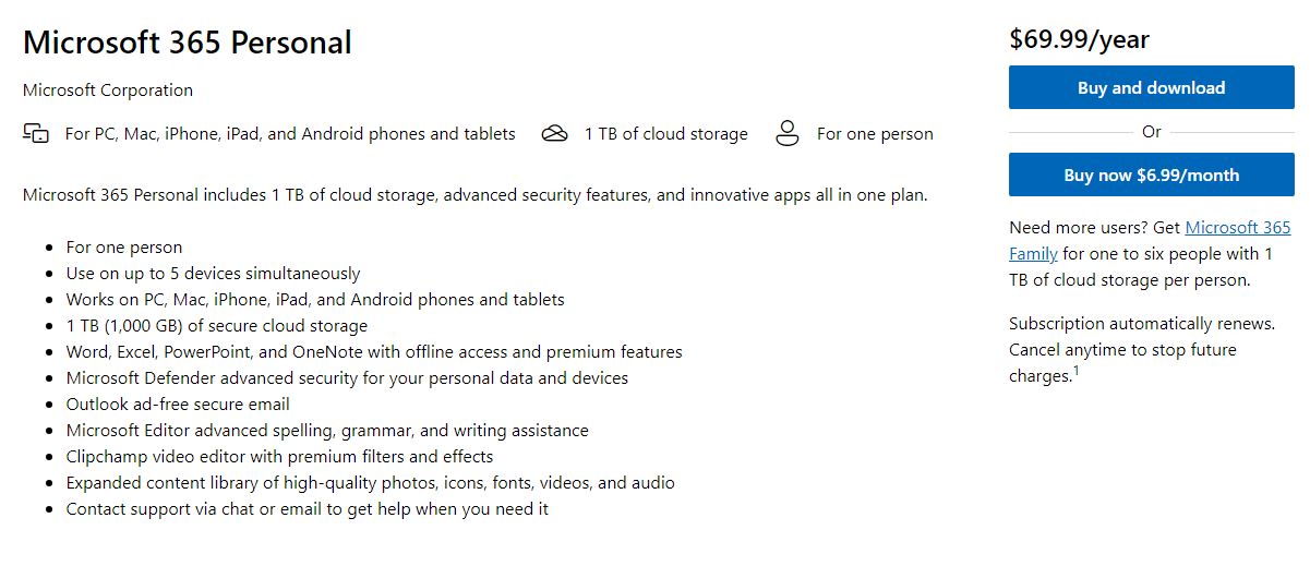 Microsoft 365 Personal is an example of a pure product bundle