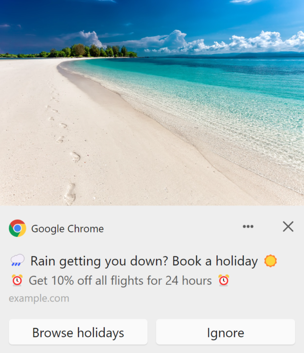 Weather alert with promotional message by a holiday bookings site
