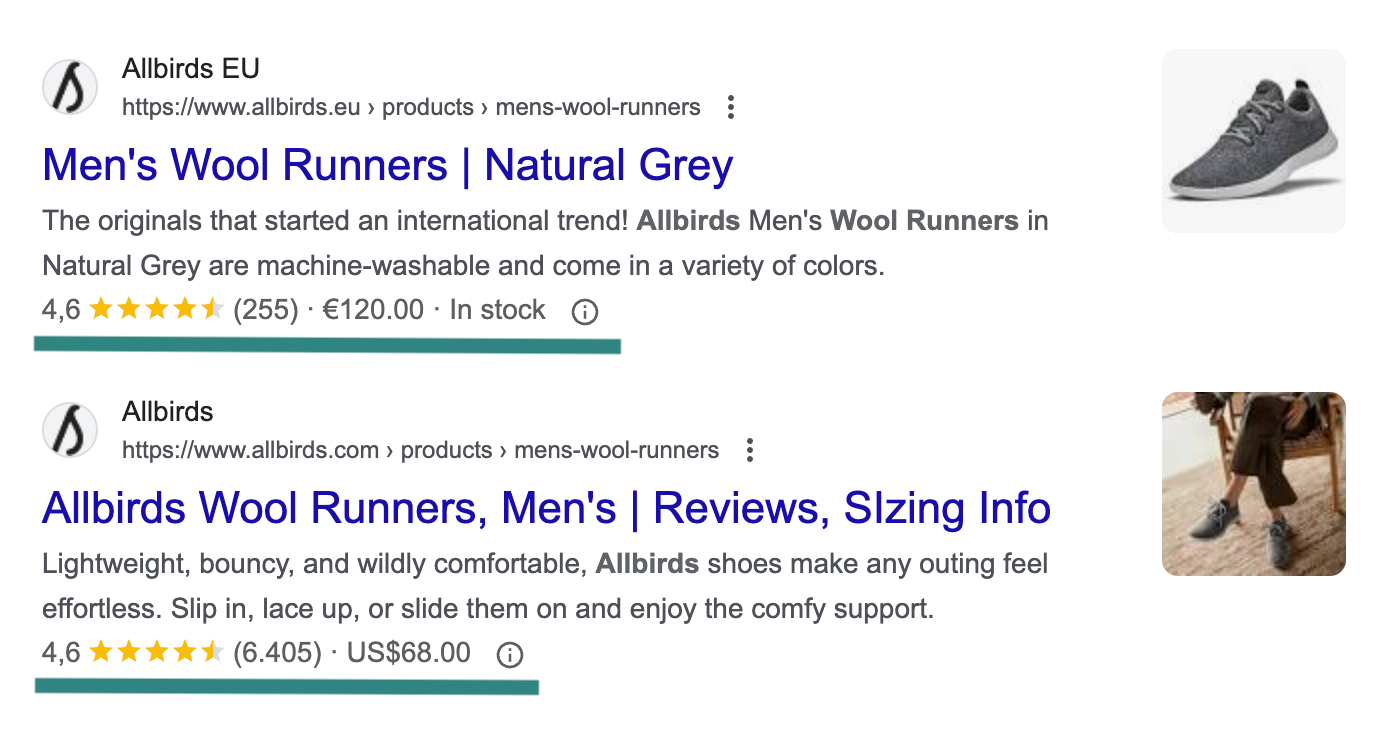 Rich snippets on Google search results