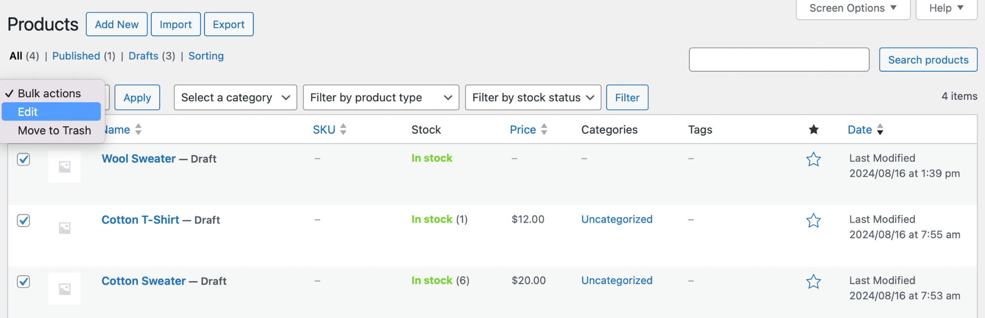 woocommerce inventory management: bulk editing