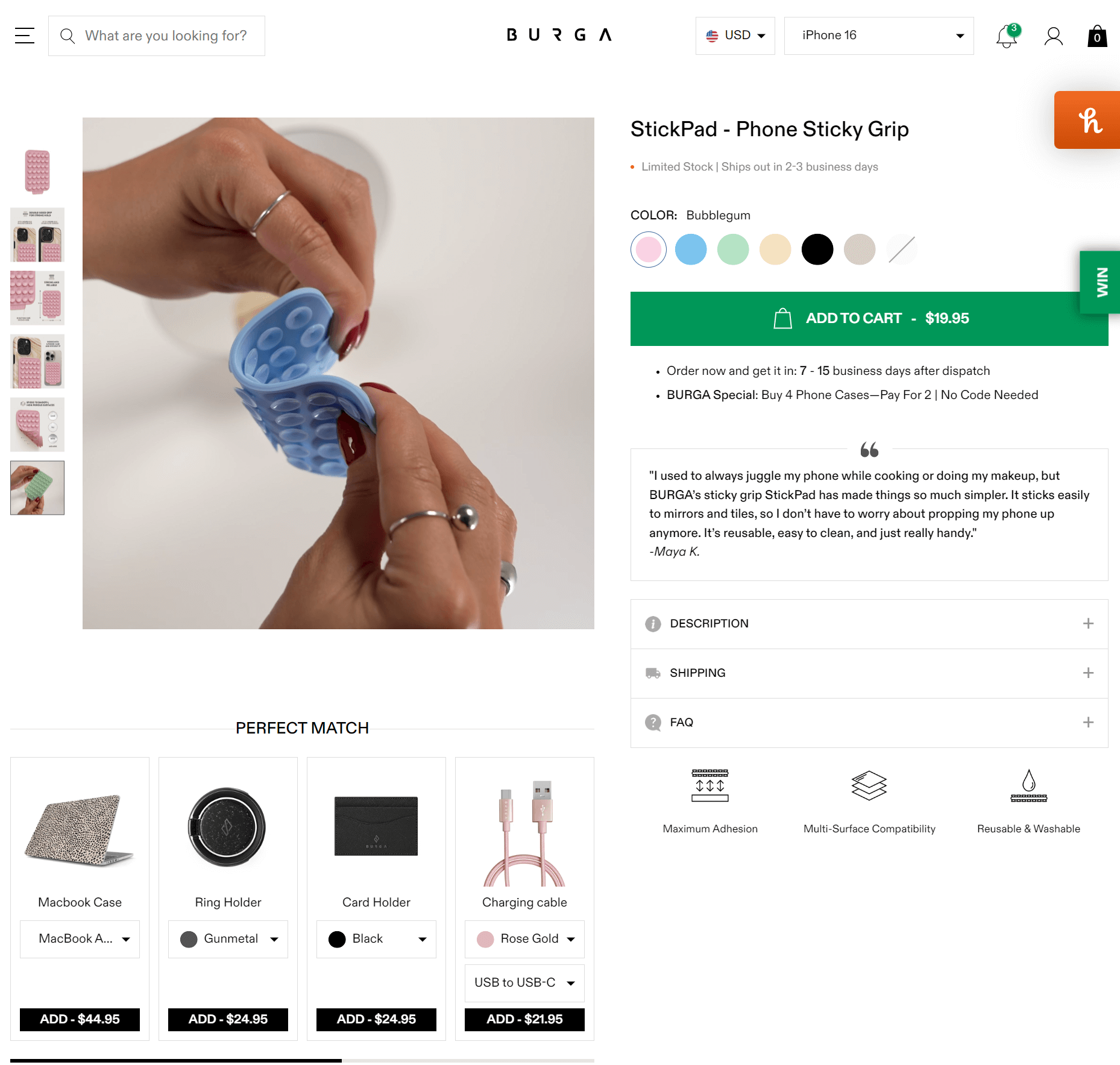 Burga store's product page with product images and descriptions