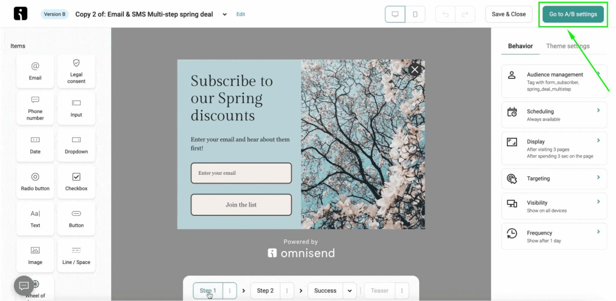 Omnisend form A/B testing