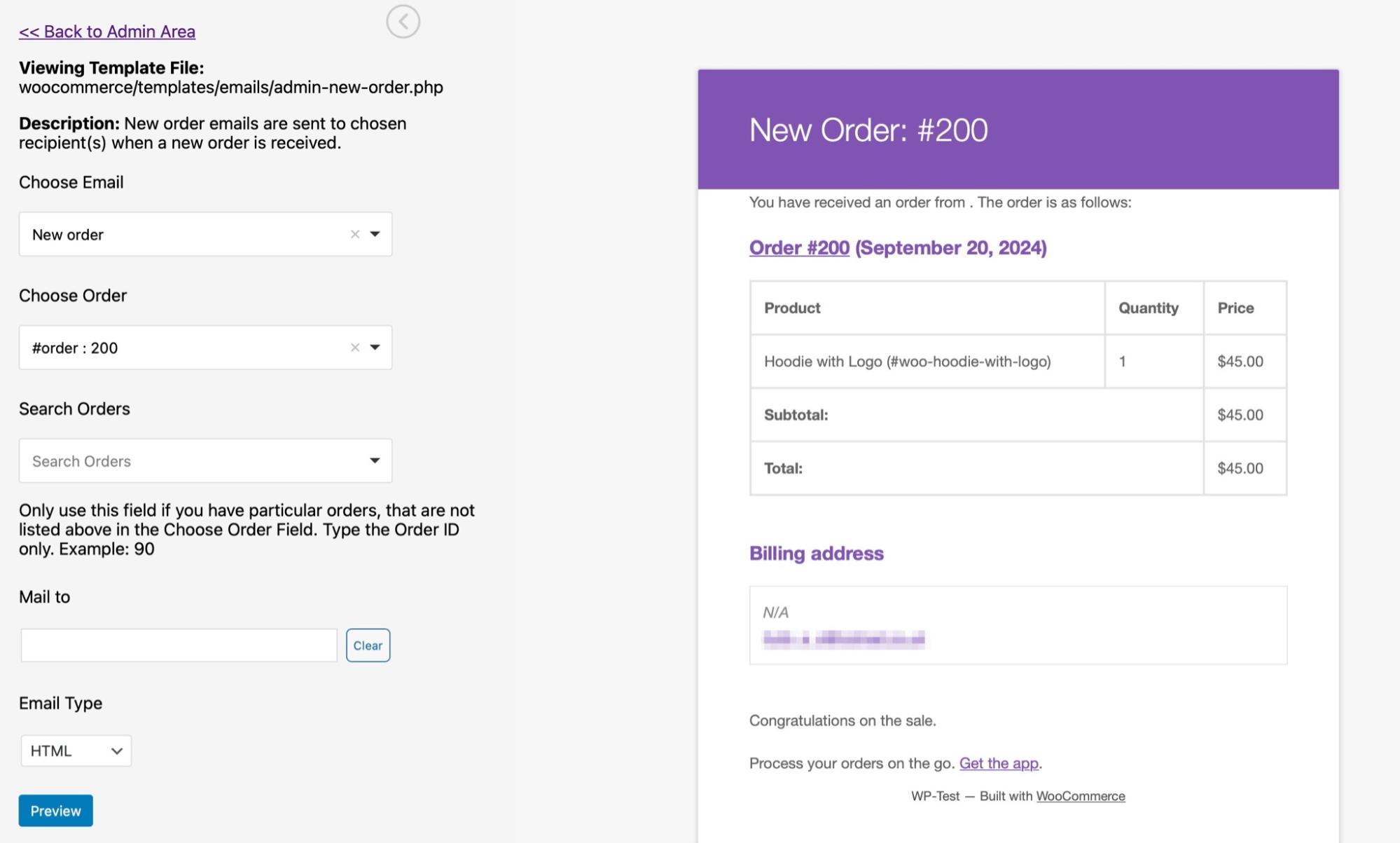 previewing order email