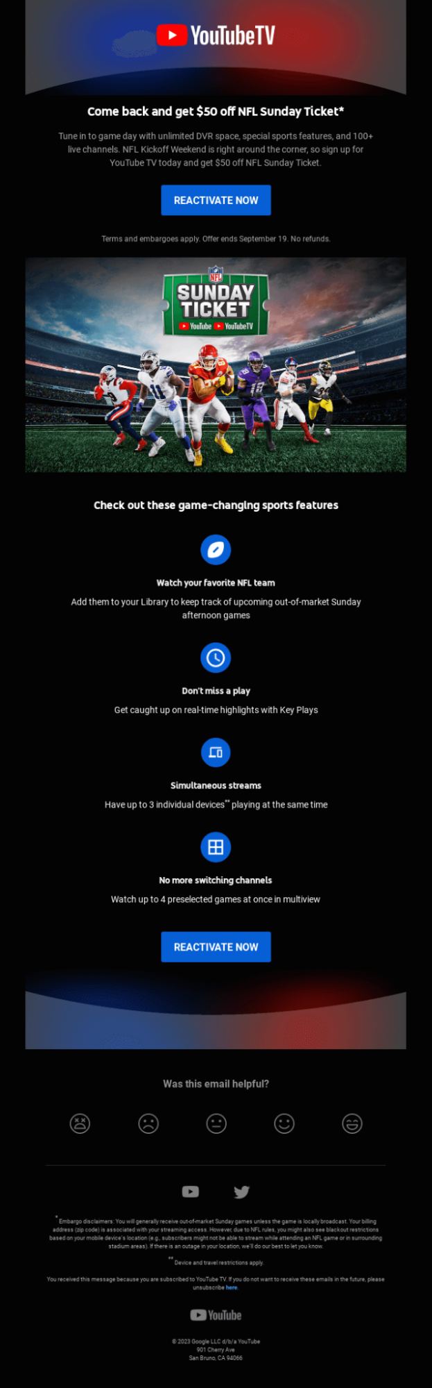 Re-engagement email: Youtube TV