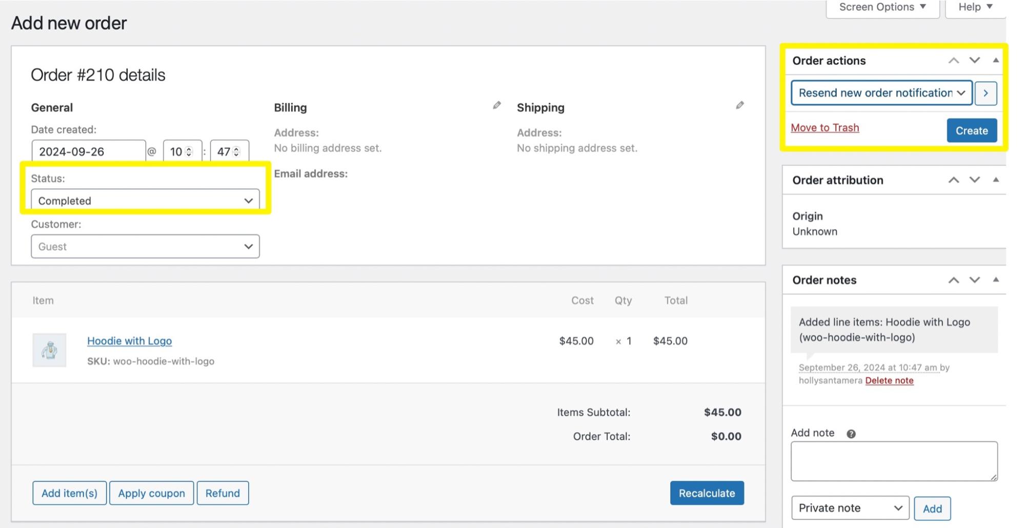 creating a test order