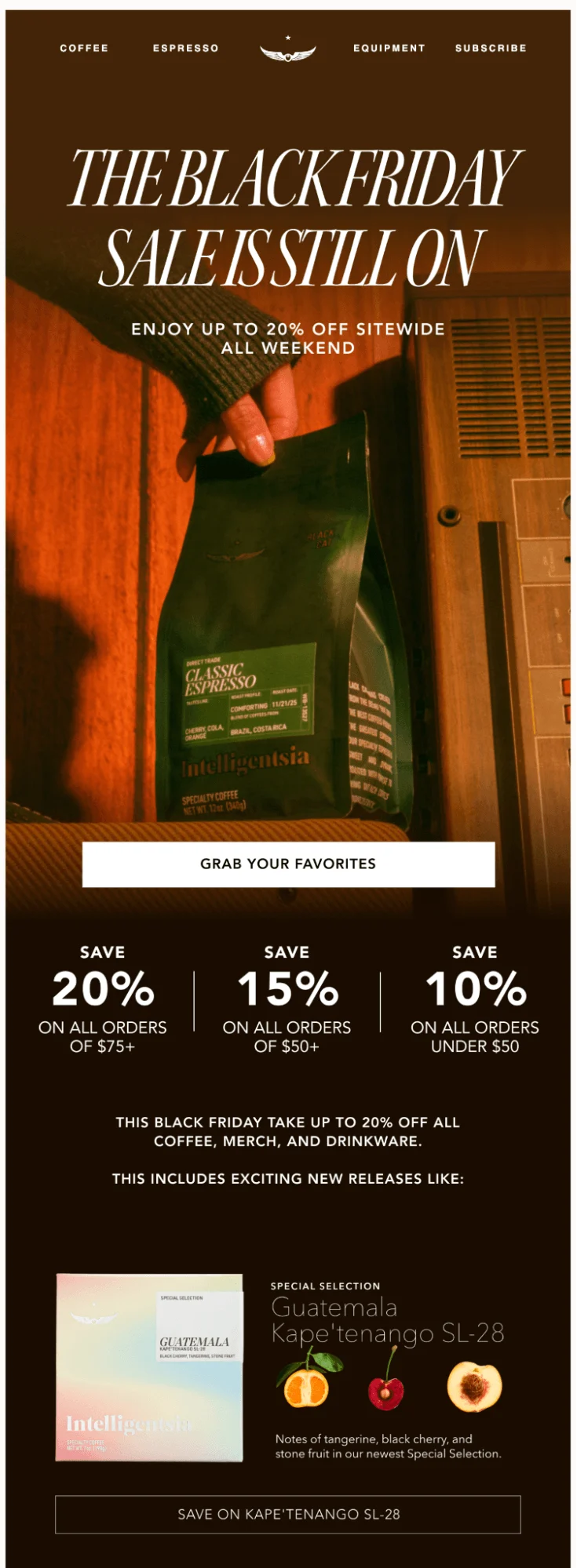 Black Friday email marketing ideas: A hand holds a green coffee bag next to a cup. Text promotes a Black Friday sale: up to 20% off sitewide, with details on saving 20%, 15%, and 10% on various order amounts. New Guatemala coffee release highlighted at the bottom.