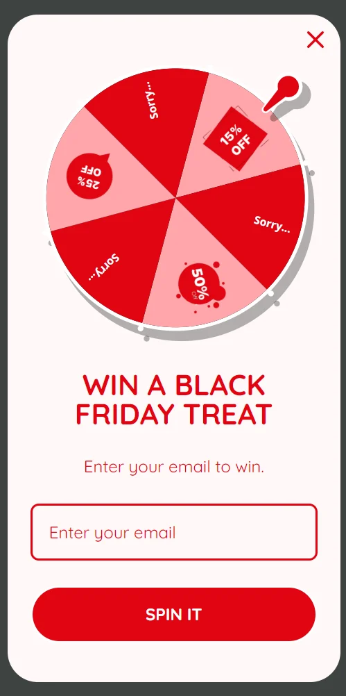 WooCommerce store Cyber Monday: A digital prize wheel offering 15% off, 25% off, 50% off, and two Sorry sections. Below, text invites users to enter their email for a chance to win a Black Friday treat.