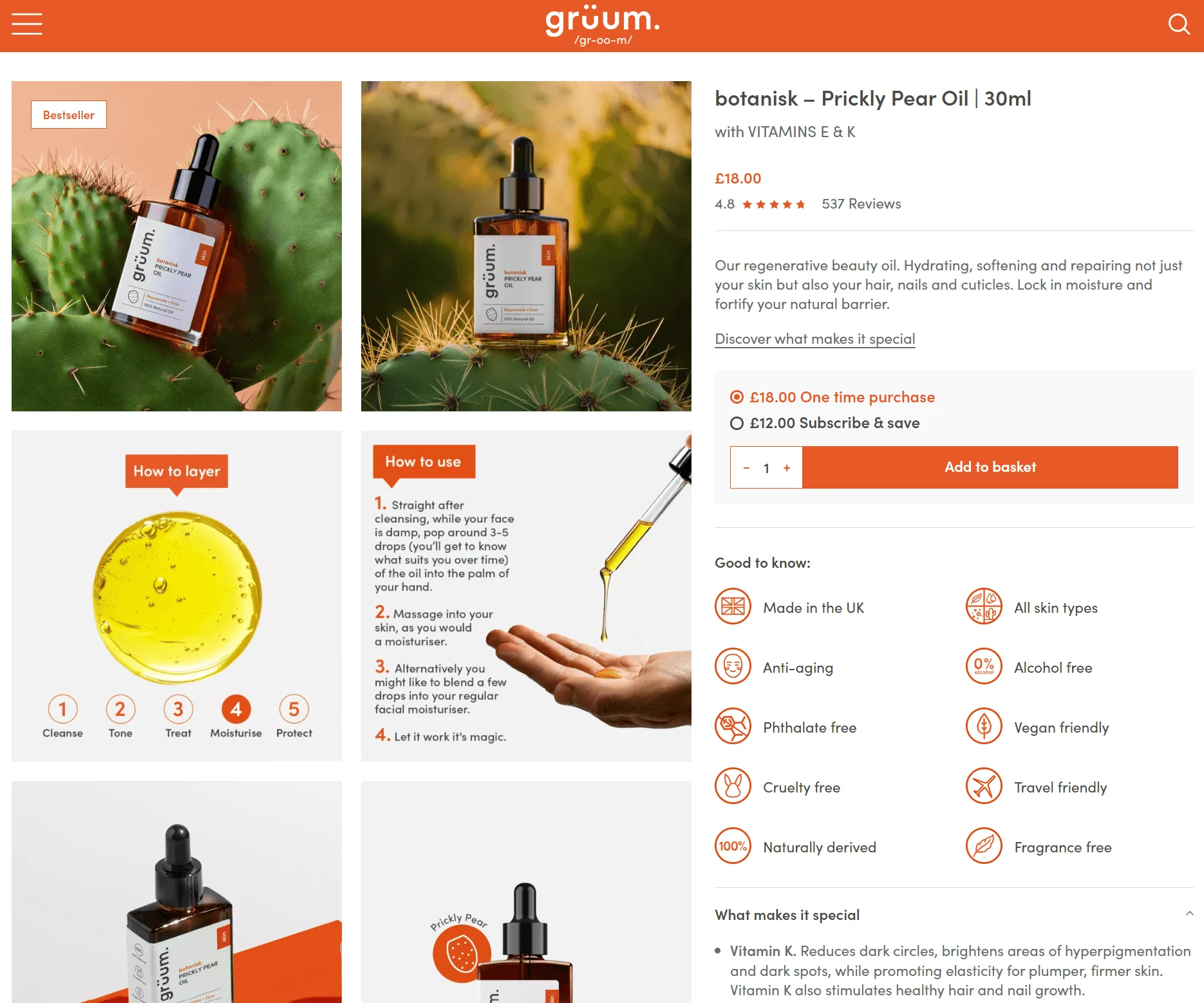 WooCommerce store Cyber Monday: Screenshot of a product page for botanisk – Prickly Pear Oil by grüum, showing images of the oil bottle, product details, how to layer, price, reviews, and icons for benefits like vegan-friendly and cruelty-free.