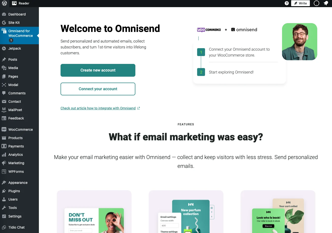 WooCommerce store Cyber Monday: Screenshot of the Omnisend welcome page in WordPress, showing options to create or connect an account, a setup checklist, and email marketing feature previews below. Left sidebar displays website menu options.