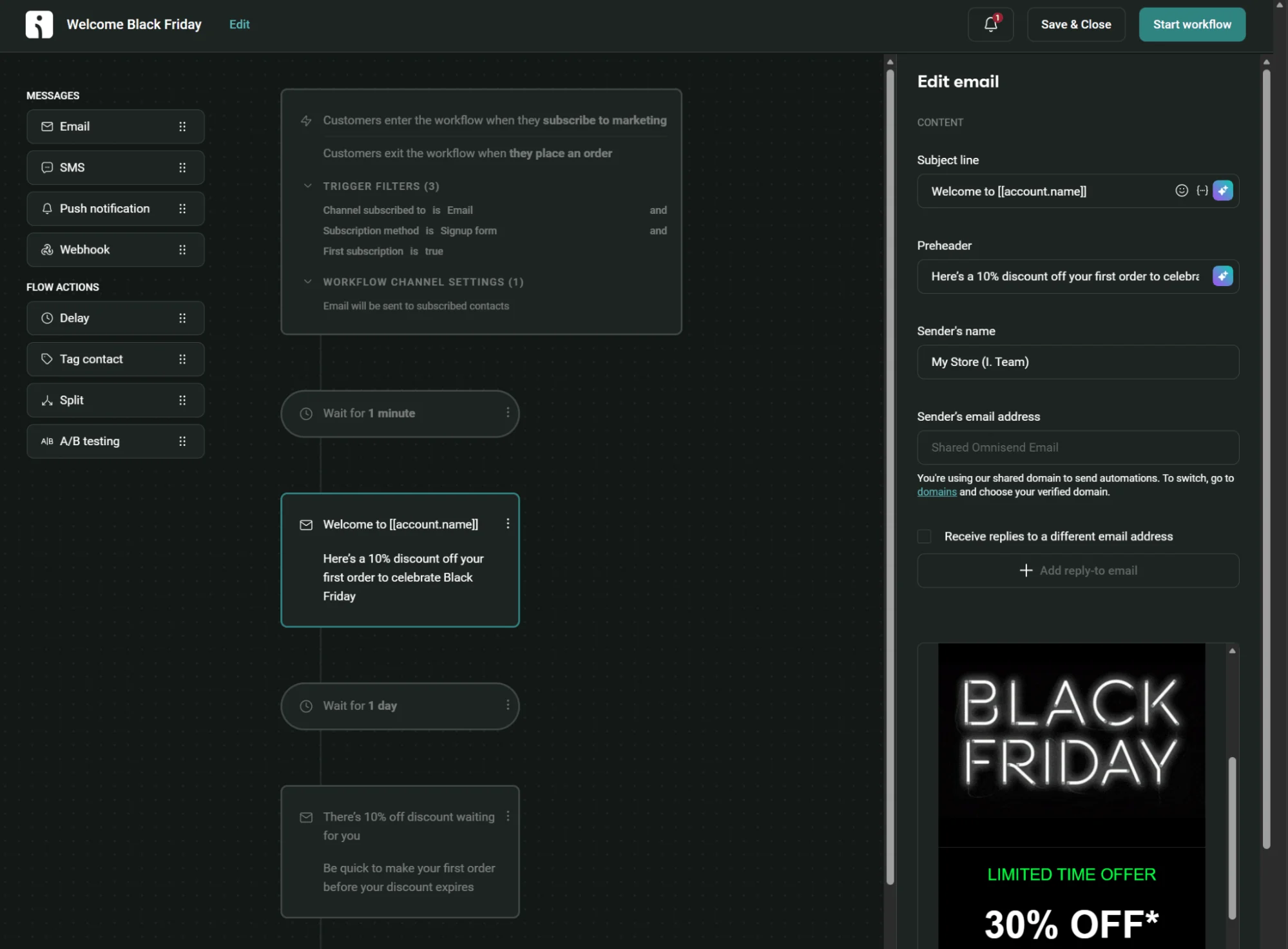 WooCommerce store Cyber Monday: A dark-themed email automation workflow builder with steps listed on the left and an email editor on the right. A Black Friday email is being created, featuring a 30% off Black Friday offer image.