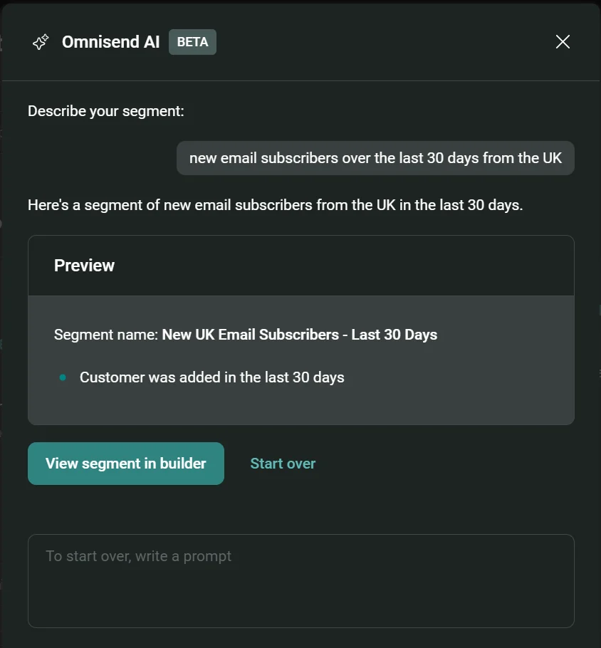 WooCommerce store Cyber Monday: A screenshot of Omnisend AI creating a segment for new UK email subscribers from the last 30 days, showing a preview and options to view in builder or start over.