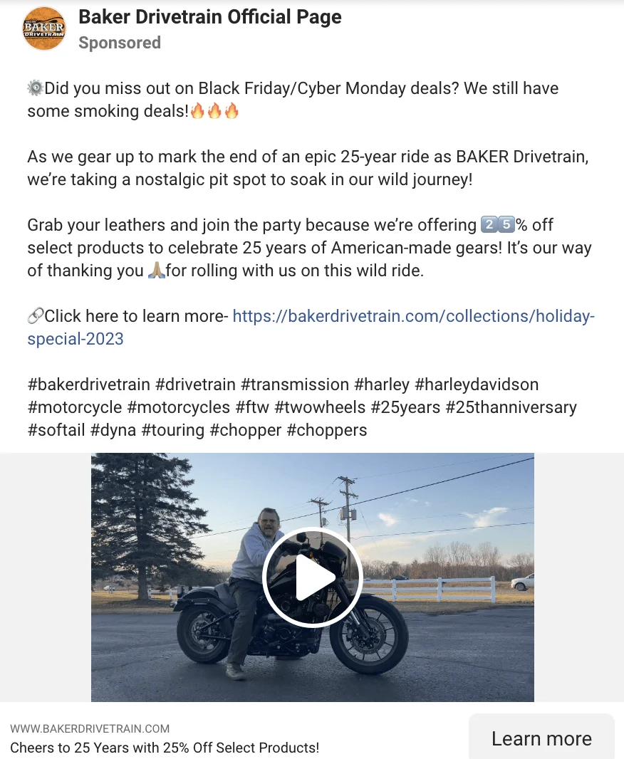 Cyber Monday advertising: Baker Drivetrain's social media post advertising BFCM deals featuring a person sitting on a black motorcycle.