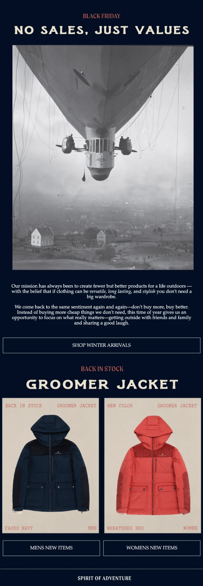Black Friday email marketing ideas: A black-and-white photo of a blimp above a town, text about Black Friday values, and two outdoor jackets labeled Groomer Jacket in navy and red colors, shown for mens and womens new arrivals.