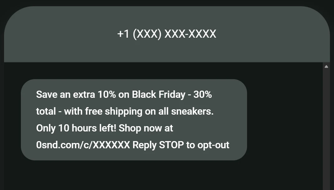 WooCommerce store Cyber Monday: A text message offers a 10% extra discount on Black Friday, free shipping on sneakers, and a link to shop. It notes only 10 hours left and gives instructions to reply STOP to opt out.