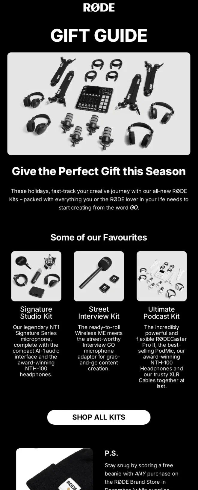 Black Friday email marketing ideas: RØDE gift guide showing various audio kits and microphones, with descriptions for studio, interview, and podcast kits, plus a Shop All Kits button and a note about receiving a free beanie with purchase.