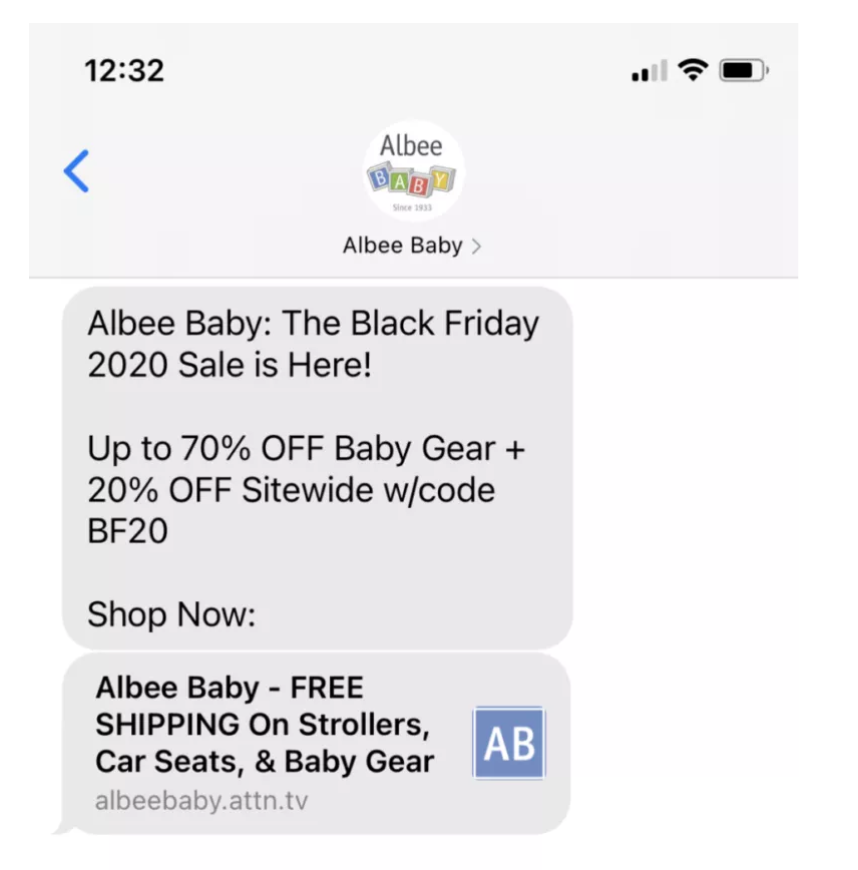 Black Friday SMS example from Albee baby