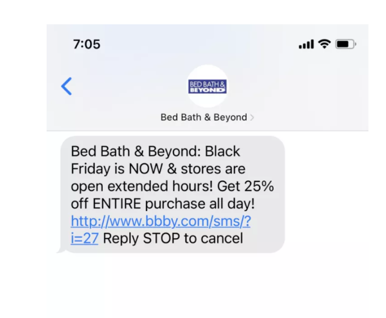 Black Friday SMS example from Bed Body & Beyond