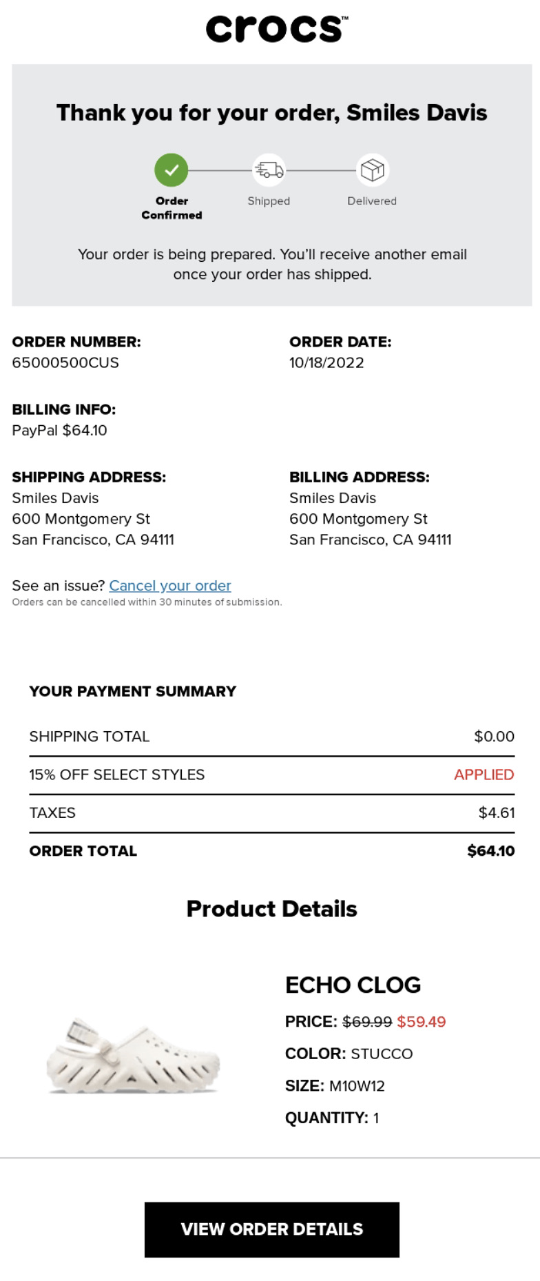 transactional email example from crocs