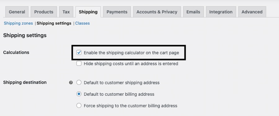 enabling shipping calculator