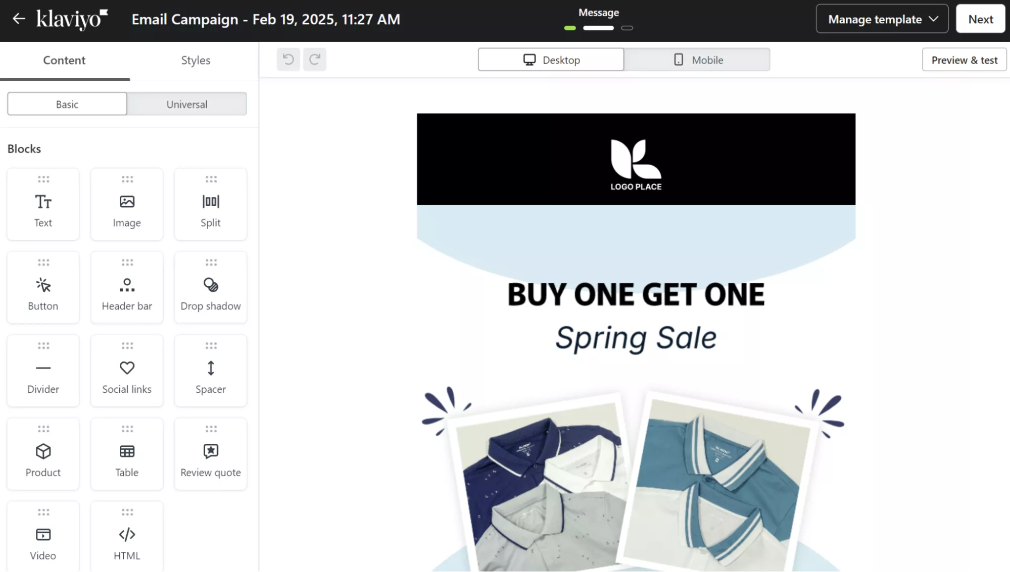 Klaviyo email builder