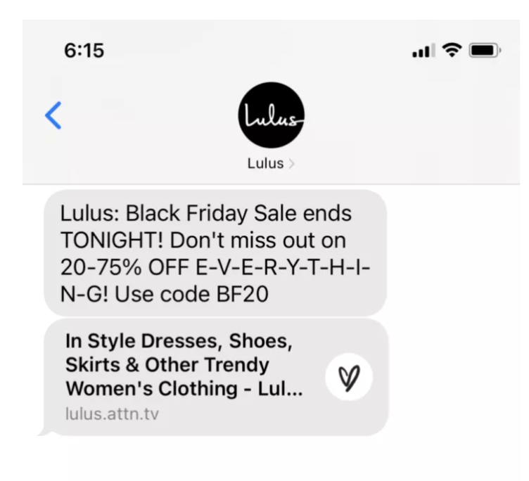Discount text message from Lulus