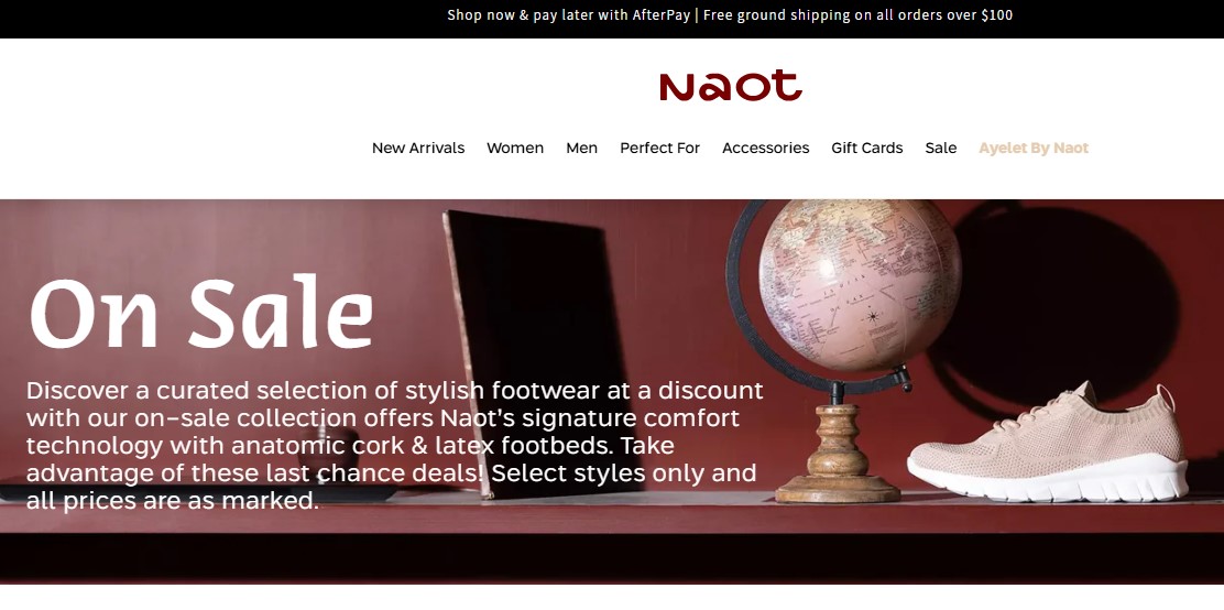 Shopify conversion rate optimization: Naot homepage sale