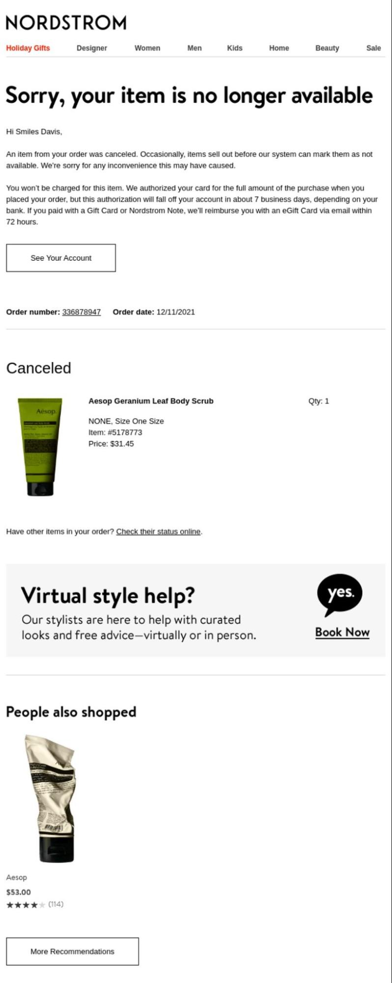 cancellation confirmation email from nordstrom