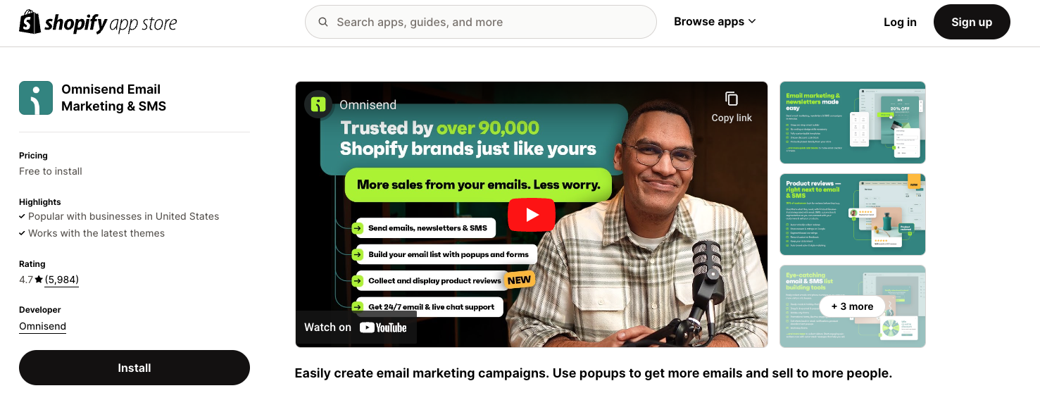 Omnisend Shopify page
