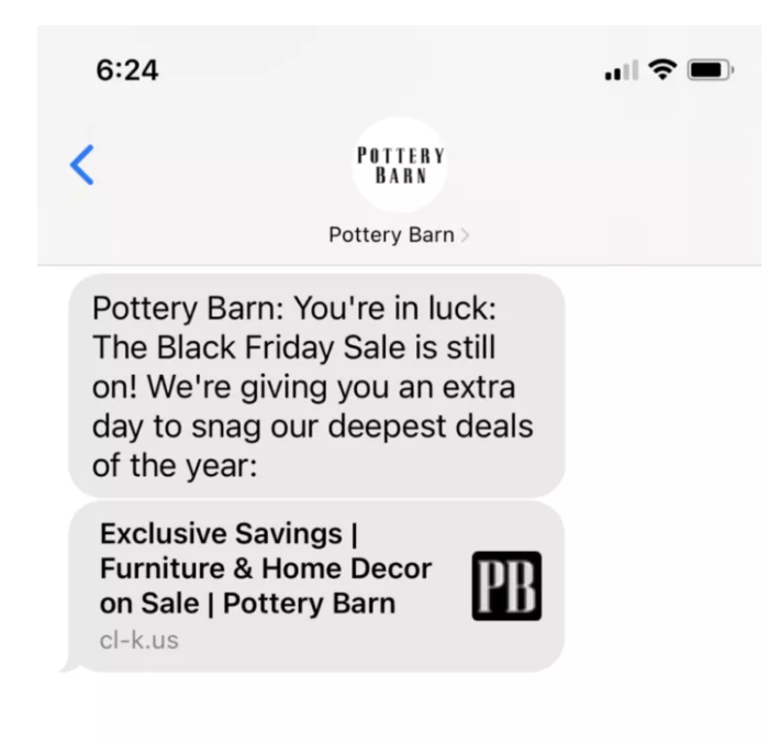 Black Friday SMS example from Pottery Barn