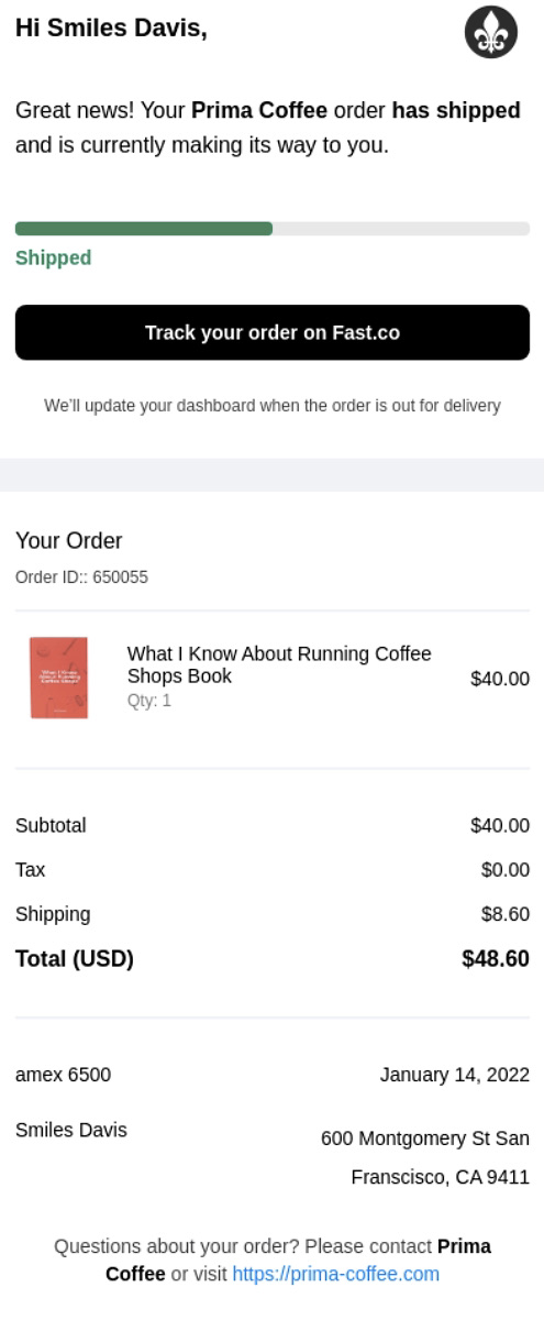 shipping confirmation from prima coffee