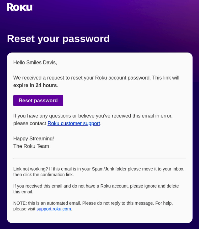password reset email from roku