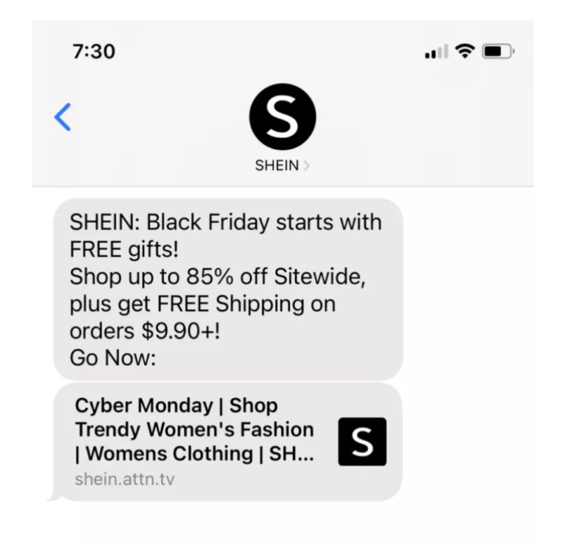 Black Friday SMS example from SHEIN