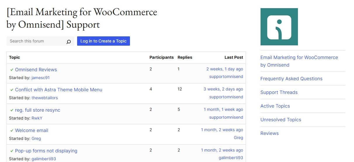 support forum for Omnisend plugin