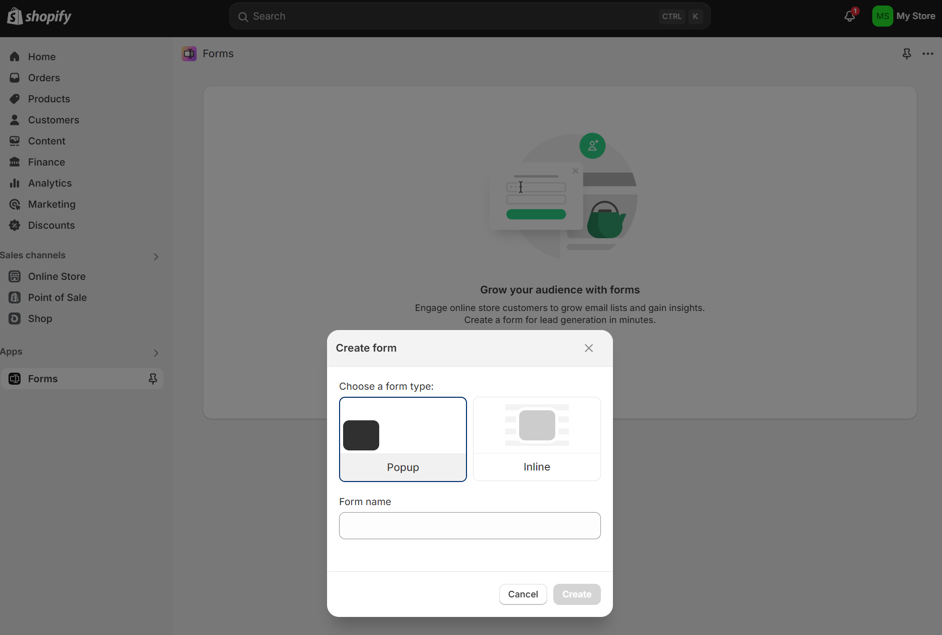popup form selection