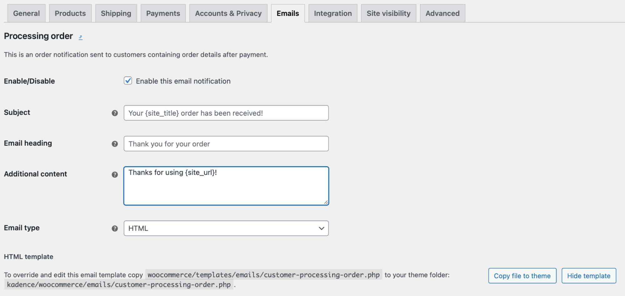 Processing order template