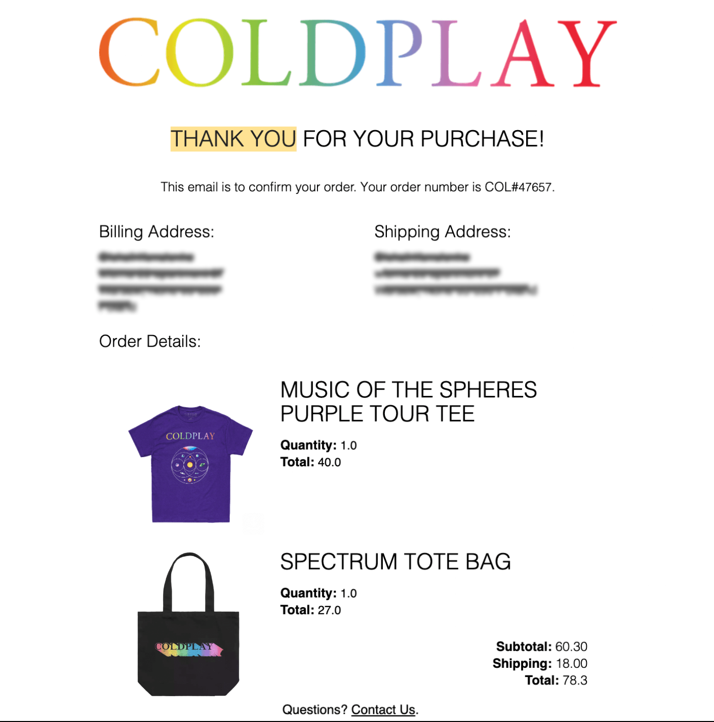 Shopify post-purchase email example: coldplay