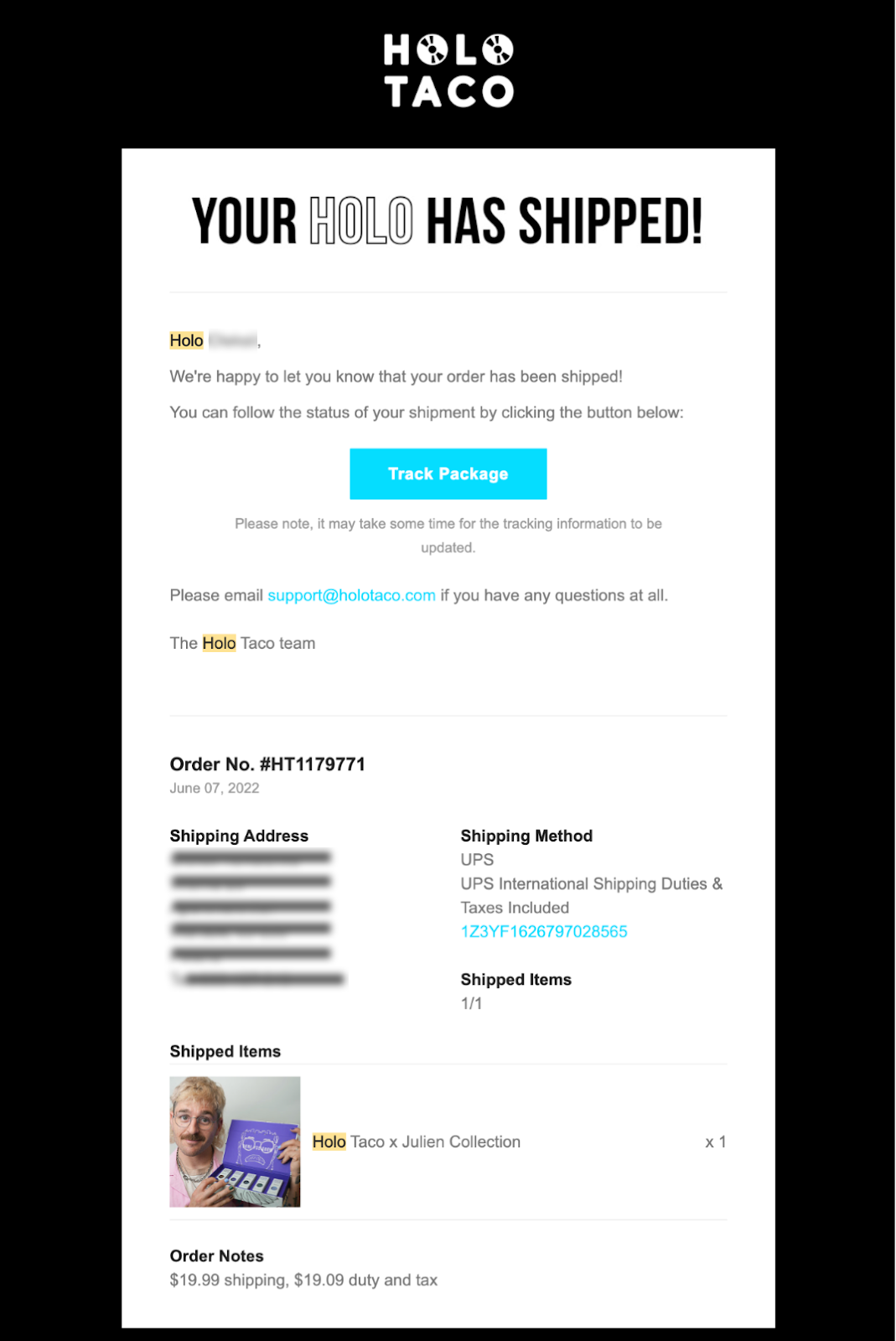 Shopify post-purchase email example: holo taco