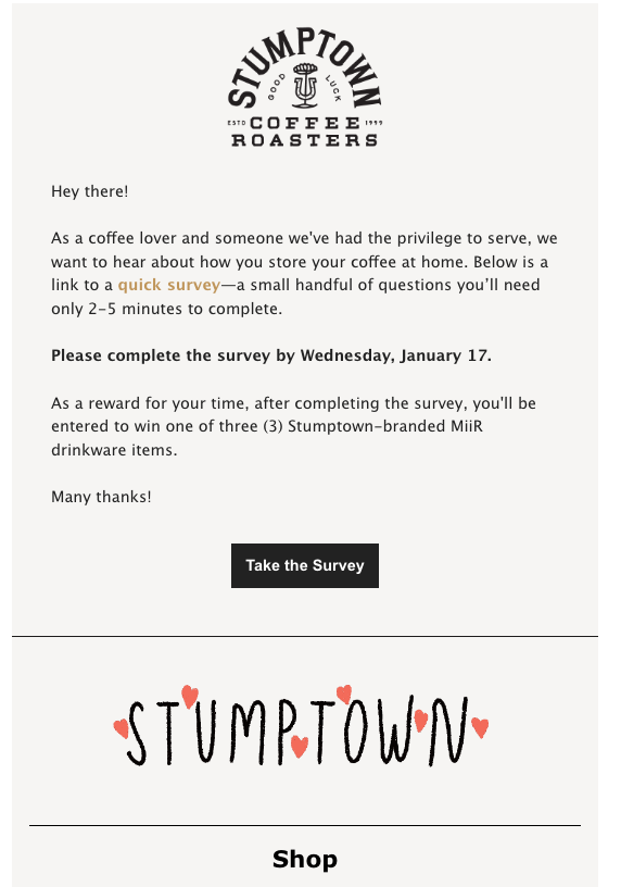 Shopify post-purchase email example: stumpton coffee roasters