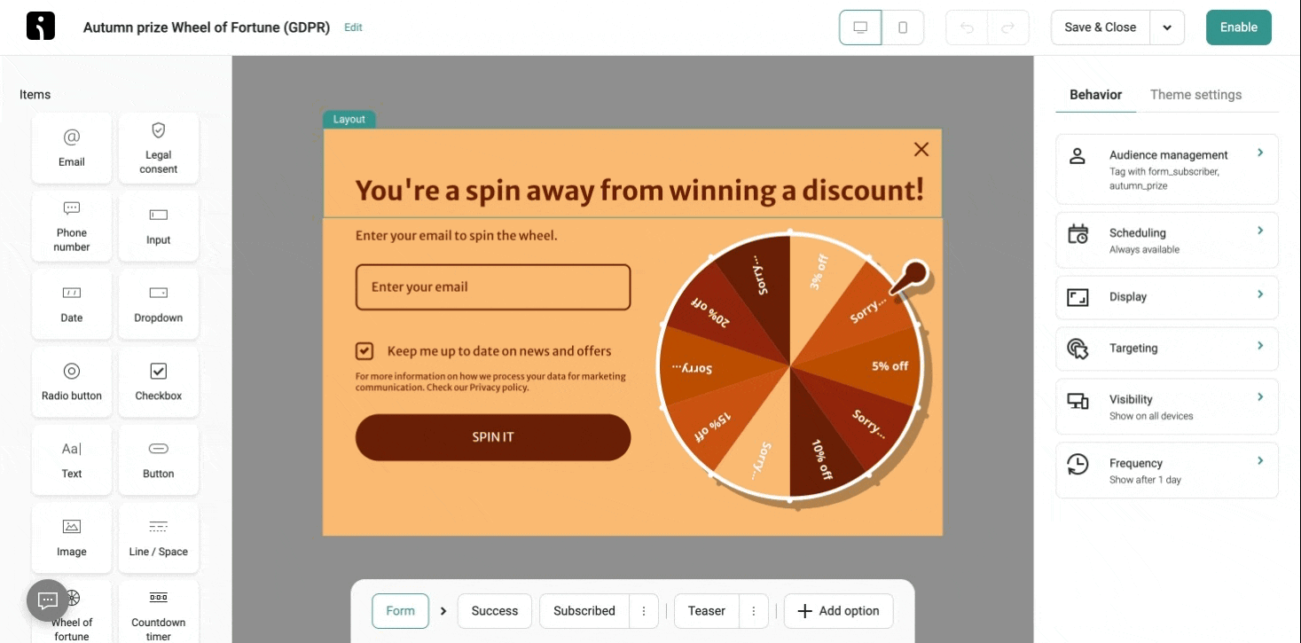wheel of fortune popup settings