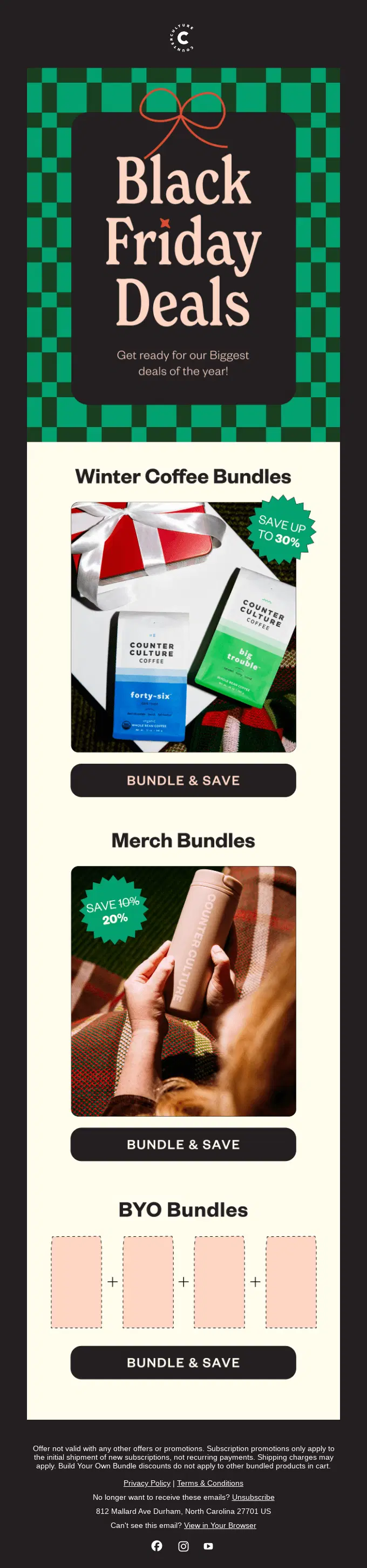 Counter Culture Coffee Black Friday email promoting winter coffee bundles, merch bundles, and build-your-own bundles with up to 30% off